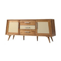 Moderne houten dressoir met lades en deurfronten in twee tinten.
